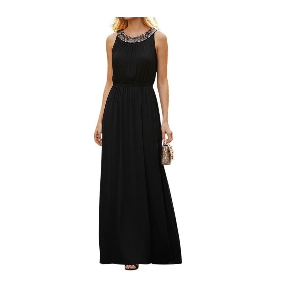 AGB Maxi Dress Womens S Black Embellished Neck Sleeveless Gown  Elastic Waist